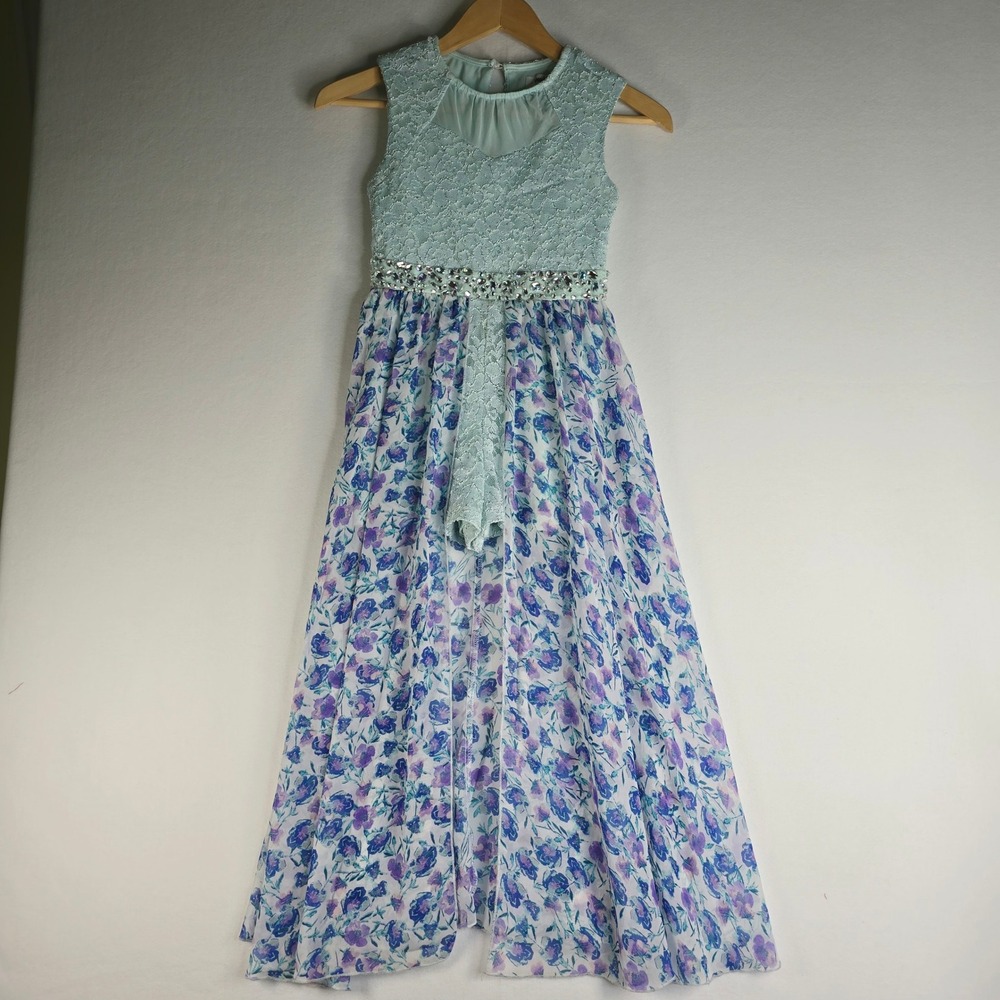 Speechless Girls Aqua Lace Romper Dress Floral Chiffon Maxi Overlay 12